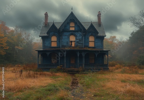 Gothic Abandoned House Under Stormy Sky Halloween Background