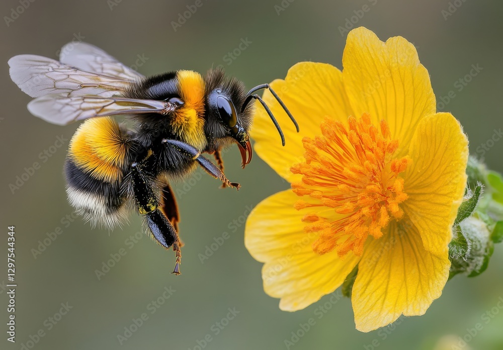 Close-up of a Bumblebee Approaching a Bright Yellow Flower with Delicate Petals in a Natural Outdoor Environment Close-up of a Bumblebee Approaching a Bright Yellow Flower with Delicate Petals in a Natural Outdoor Environment