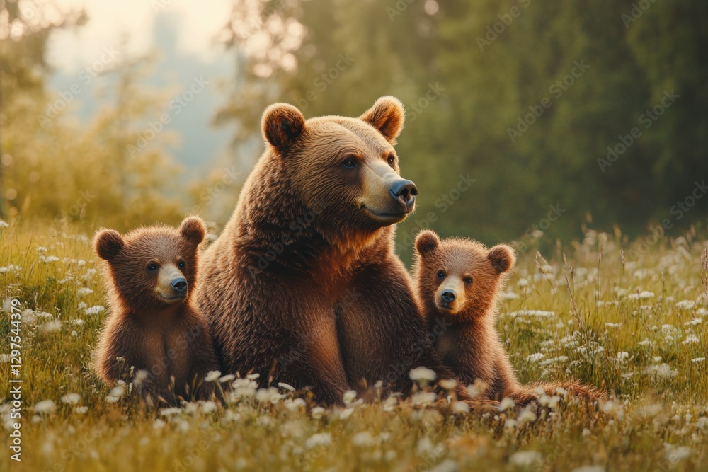 Obraz premium Mother Bear and Two Cubs Roaming a Meadow, Wildlife Banner.