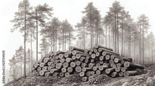 Majestic Pine Forest Landscape with Piled Logs in Misty Fog: Explore Nature's Tranquility and Logging Industry in Vector Art Detailing Trees and Woodland Scenery