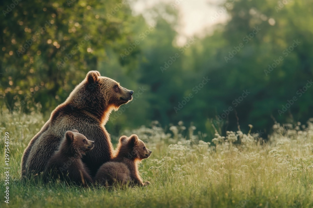 Obraz premium Mother Bear and Two Cubs Roaming a Meadow, Wildlife Banner.