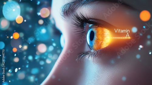 The luminous iris with digital code displays the word vitamin A in the eye area showing research from technological developments in digital eye nutrition
