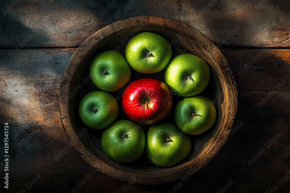 Red apple among green apples in wooden bowl Red apple among green apples in wooden bowl