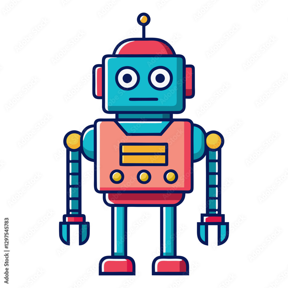 Colorful Robot Vector Illustration, A playful and colorful robot vector illustration with large eyes, mechanical arms, and a bright, retro design.
