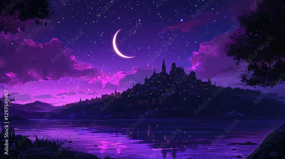 Naklejka premium A Beautiful Night Sky Overlooking a Mysterious Illuminated Cityscape