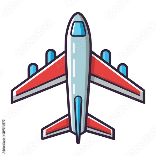 Vector Illustration of an Airplane from Above, A vector illustration of a modern airplane viewed from above with a sleek red and blue design, highlighting its structure.

