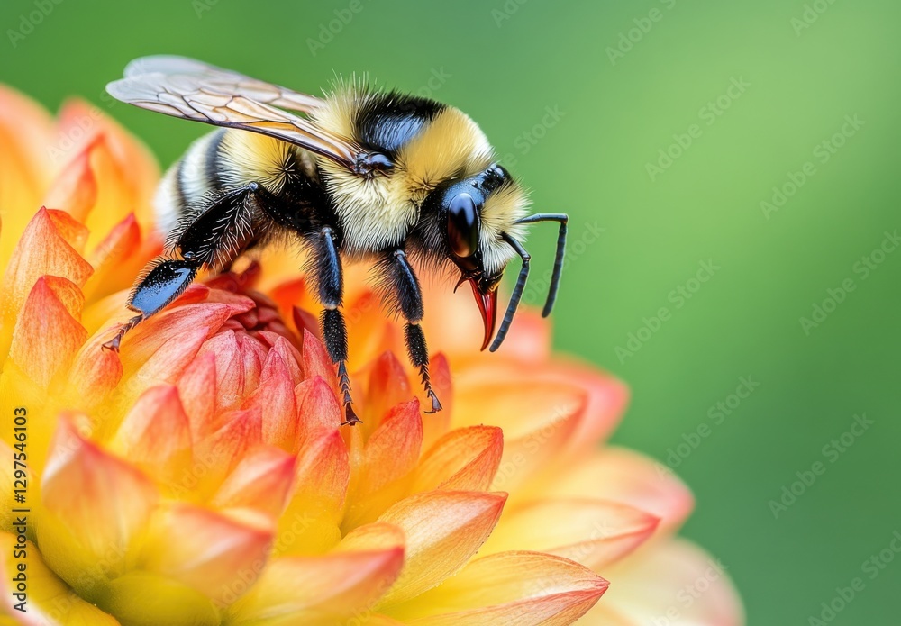 Close-Up of a Bumblebee Pollinating a Vibrant Dahlia Flower with Beautiful Petals and Green Background, Nature's Intricate Details Captured Close-Up of a Bumblebee Pollinating a Vibrant Dahlia Flower with Beautiful Petals and Green Background, Nature's Intricate Details Captured