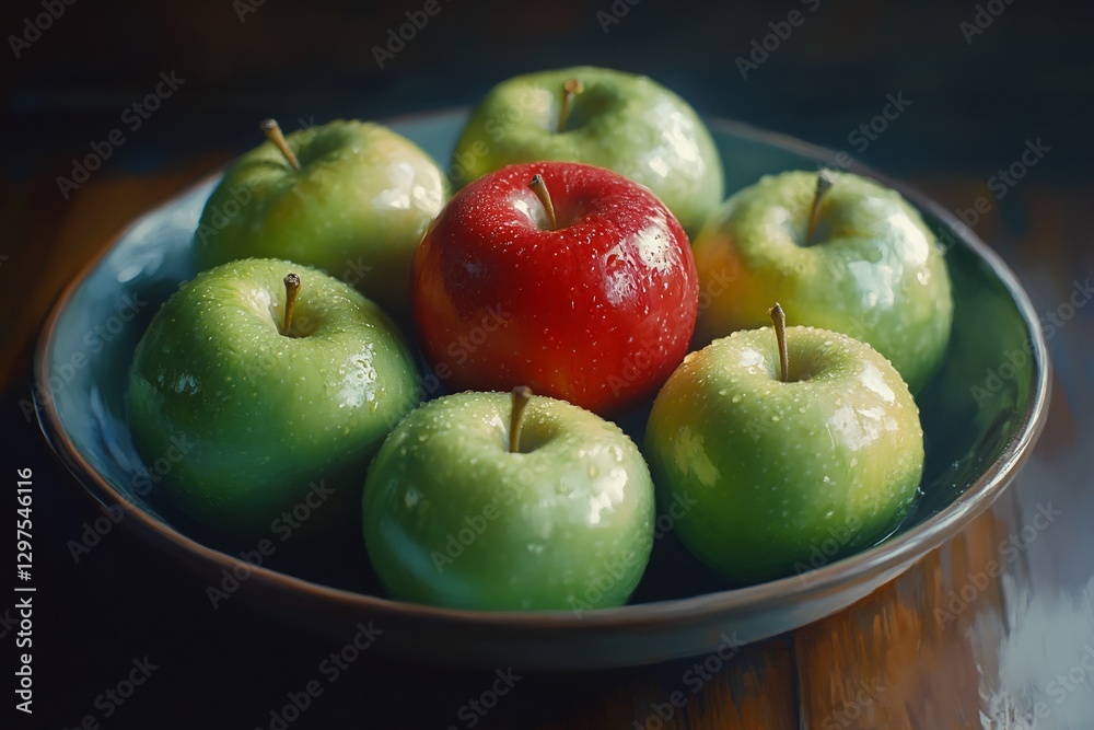 Red apple among green apples on plate Red apple among green apples on plate