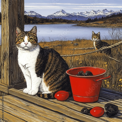 Charming Vector Illustration of Two Cats by a Lake with Red Bucket, Rocks, and Snow-Capped Mountain Background – Perfect for Nature and Animal Art Lovers