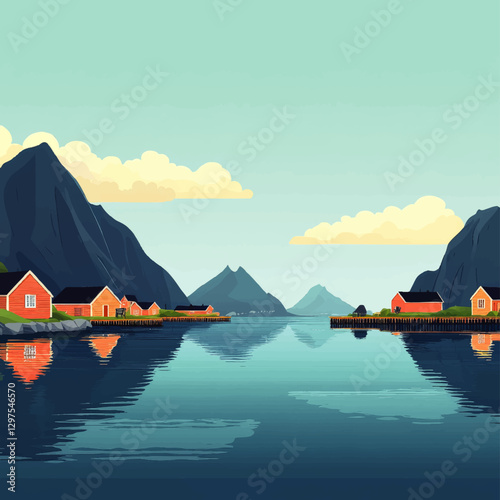 Scenic Vector Illustration of Norwegian Fjord Landscape with Traditional Red Cabins, Majestic Mountains, and Calm Reflected Water under Clear Blue Sky