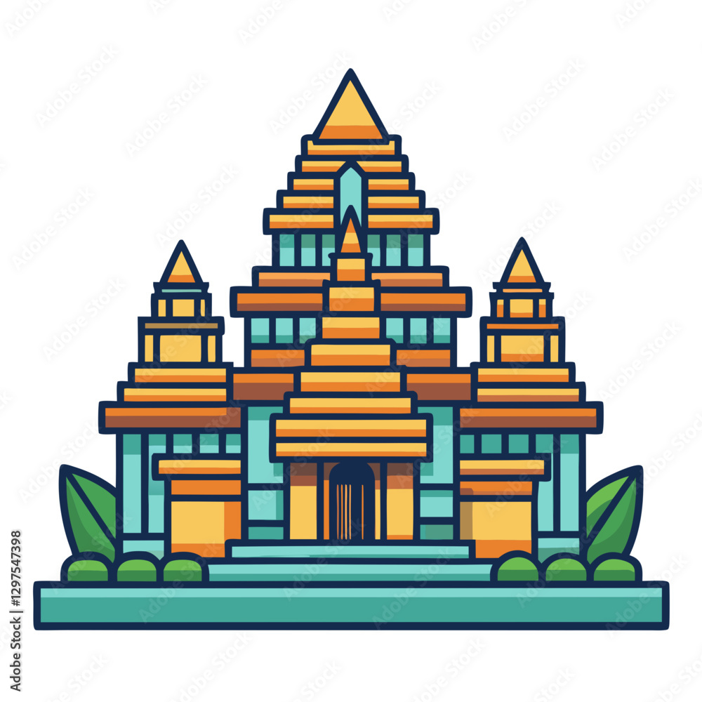 Angkor Wat Vector Illustration Design, A stylized vector illustration of the iconic Angkor Wat temple complex, showcasing traditional Khmer architecture.
Angkor Wat Vector Illustration Design, A stylized vector illustration of the iconic Angkor Wat temple complex, showcasing traditional Khmer architecture.