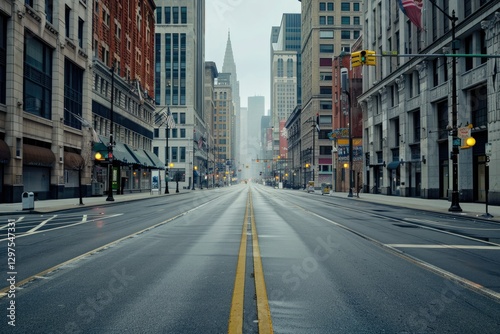 Vibrant Color Visual of Empty Street View of Downtown Detroit, Michigan, Usa