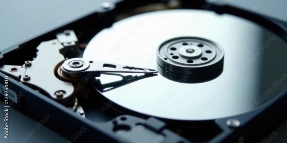 Close-up View of a Hard Disk Drive's Internal Components, Revealing the Precision Engineering and Complex Mechanisms Within Close-up View of a Hard Disk Drive's Internal Components, Revealing the Precision Engineering and Complex Mechanisms Within