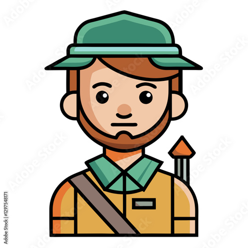 Forest Ranger Vector Illustration with Hat, A vector illustration of a forest ranger wearing a hat, uniform, and carrying a tool, perfect for nature and outdoors themes.
