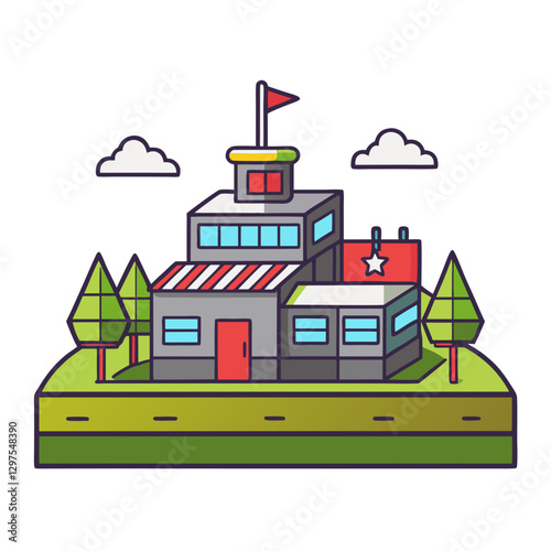 Vector Illustration of a Flagged Building with Trees and Greenery, A colorful vector illustration of a building with a flag, red accents, and surrounded by trees and greenery.
