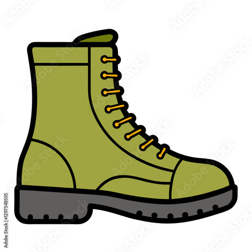 Vector Illustration of a Green Hiking Boot, A simple vector illustration of a green hiking boot with yellow laces, designed for outdoor adventures.
