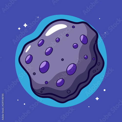 Vector Illustration of a Purple Asteroid with Craters, A colorful vector illustration of a purple asteroid with large craters, set against a blue cosmic background.
