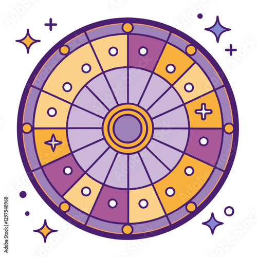 Purple cosmic astrology wheel illustration, A vibrant purple and yellow astrology wheel featuring celestial symbols, stars, and planets, representing cosmic energy and zodiac.
