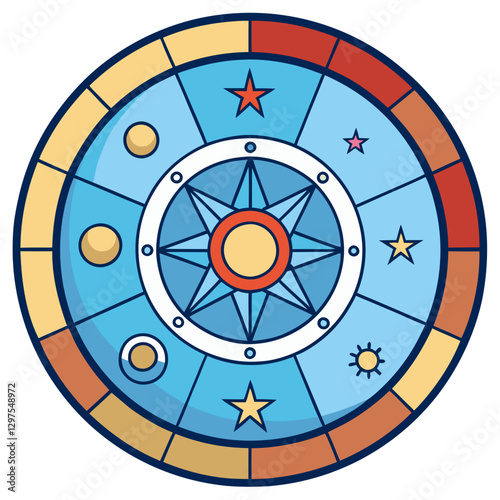 Astrology wheel with stars and planets, A vibrant illustration of an astrology wheel featuring stars, planets, and cosmic symbols in a circular design.
