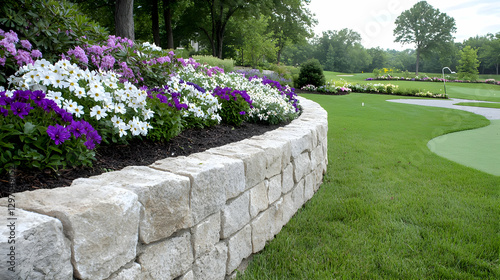Stone retaining wall, colorful flowers, golf course background. Landscaping design for luxury homes