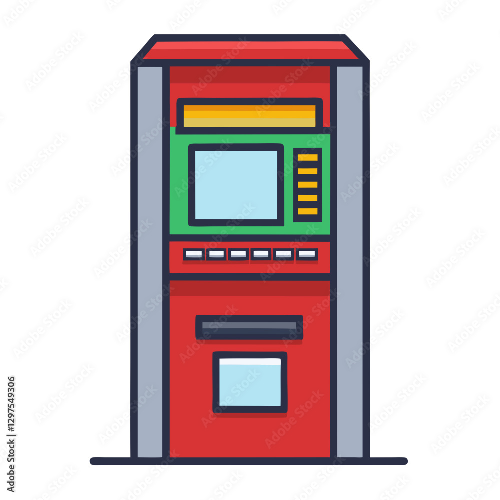 ATM machine vector illustration, Vector illustration of an ATM machine with a screen, keypad, and card insertion slot, representing banking and financial services.
ATM machine vector illustration, Vector illustration of an ATM machine with a screen, keypad, and card insertion slot, representing banking and financial services.