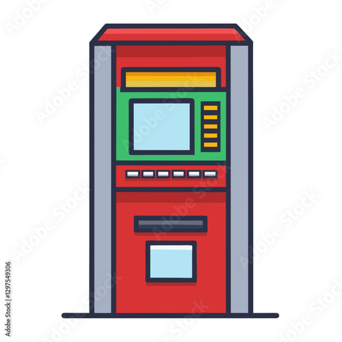 ATM machine vector illustration, Vector illustration of an ATM machine with a screen, keypad, and card insertion slot, representing banking and financial services.
