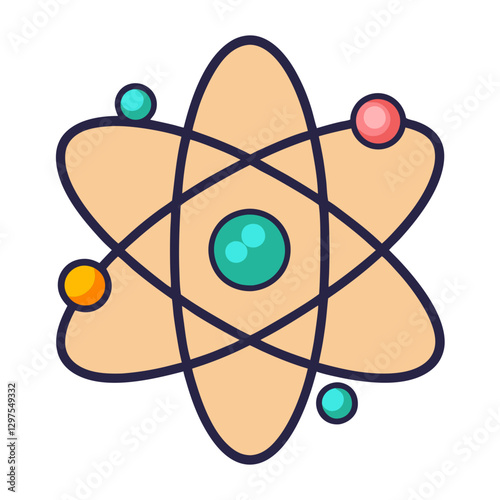 Atomic structure vector illustration, Vector illustration of an atomic structure with a central nucleus and orbiting electrons, representing science and physics.
