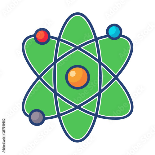 Colorful Atom Science Vector Illustration, A vector illustration of a colorful atom with electrons orbiting the nucleus, representing science, physics, or education.
