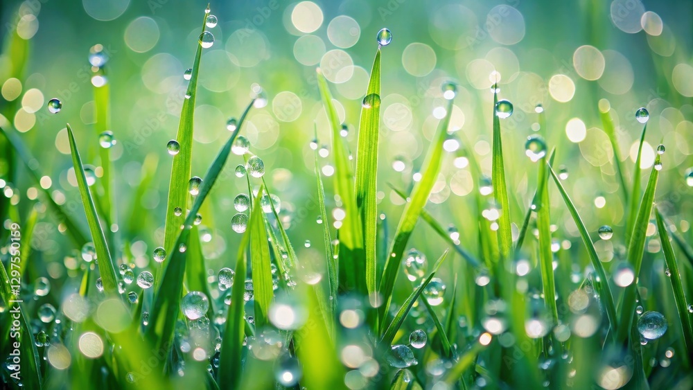 Fototapeta premium Vibrant Green Blades of Grass Adorned with Sparkling Morning Dew Drops Reflecting Sunlight