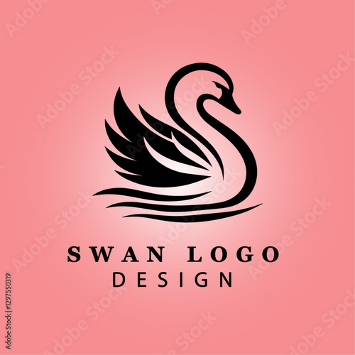  Elegant Black Swan Logo with Wings Spread on Pink Gradient Background for Branding, Luxury, Business, Beauty, and Creative Design Concepts

