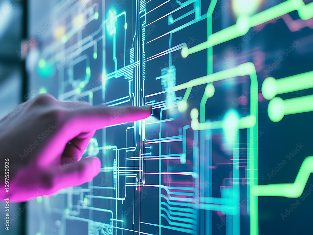 Interaction with digital circuitry interface tech lab visual content futuristic environment close-up viewpoint Interaction with digital circuitry interface tech lab visual content futuristic environment close-up viewpoint
