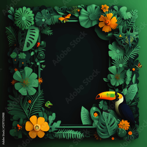 Vector Illustration of Lush Tropical Jungle Frame with Toucan, Exotic Flowers, Ferns, and Butterflies - Perfect for Nature, Summer, and Wildlife Designs