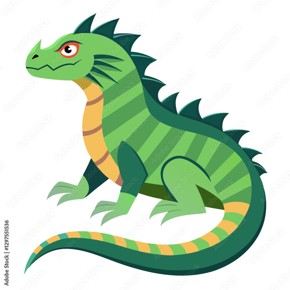 Obraz premium Cartoon basilisk vector illustration, A colorful vector illustration of a cartoon basilisk with green scales and striped body, ideal for fantasy and mythical creature themes.