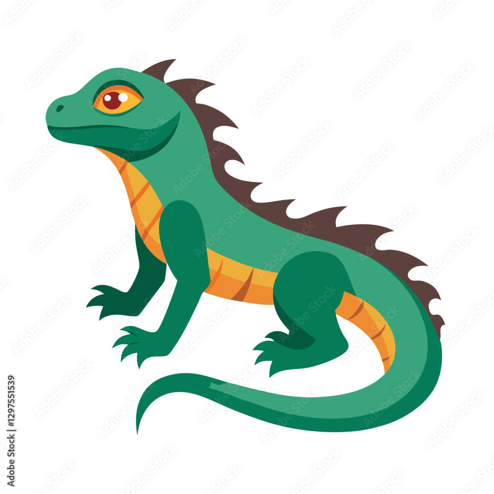 Fototapeta premium Cartoon basilisk vector illustration, A colorful vector illustration of a cartoon basilisk with green scales and striped body, ideal for fantasy and mythical creature themes.