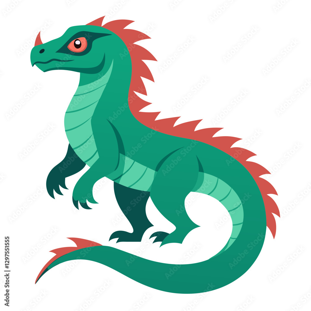 Obraz premium Cartoon dinosaur vector illustration, A vibrant vector illustration of a cartoon dinosaur with green scales and red spikes, ideal for animal and fantasy themes. 