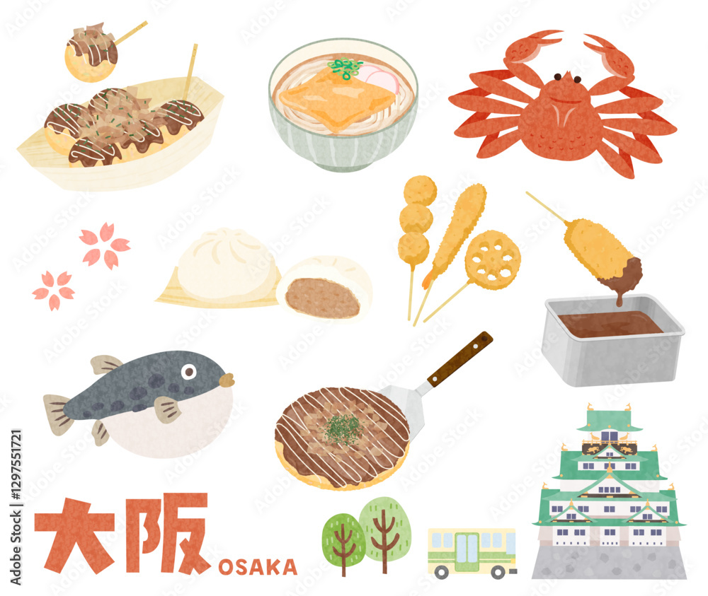 Obraz premium 手描き風大阪グルメ 大阪城 バス イラストセット