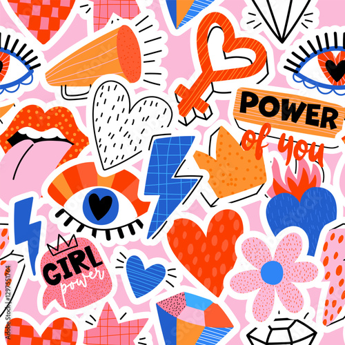 Seamless pattern with hand eyes, slogan, heart and signs. Bright colorful  Abstract print background for fabric, wrapping, textile, wallpaper, apparel. Vector illustration for teen girl. Funky style