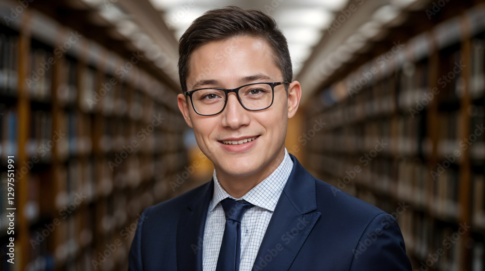 Portrait of successful senior business consultant looking at camera and smiling inside library building.