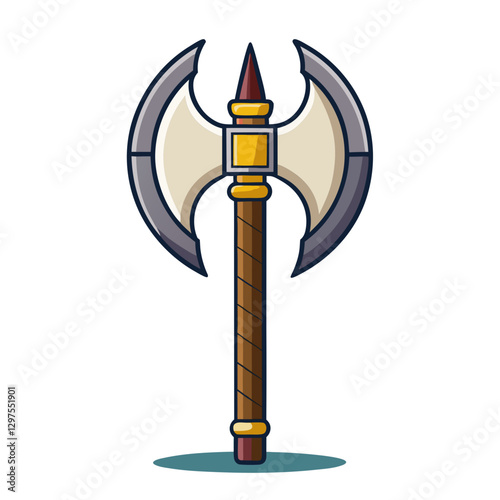 Double-Headed Axe with Sharp Tip, A detailed illustration of a double-headed axe with sharp steel blades and a pointed tip, featuring a wooden handle, designed for fantasy or medieval combat.
