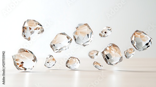 Floating crystal gems display studio setting product photography minimalist background high-definition detail