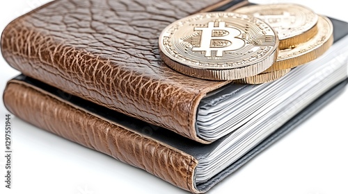 Bitcoin Cryptocurrency Coins on Brown Leather Wallet and Notebook