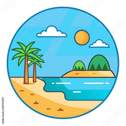 Sunny Tropical Beach with Palm Trees and Ocean, A bright and sunny tropical beach scene with palm trees, clear ocean water, and a distant island, perfect for vacation and relaxation.
