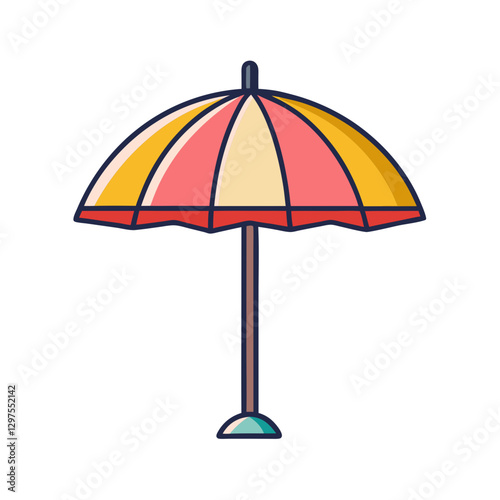Beach Umbrella with Red and Yellow Colors, A colorful illustration of a beach umbrella with red and yellow stripes, symbolizing sunny beach vacations and outdoor relaxation.
