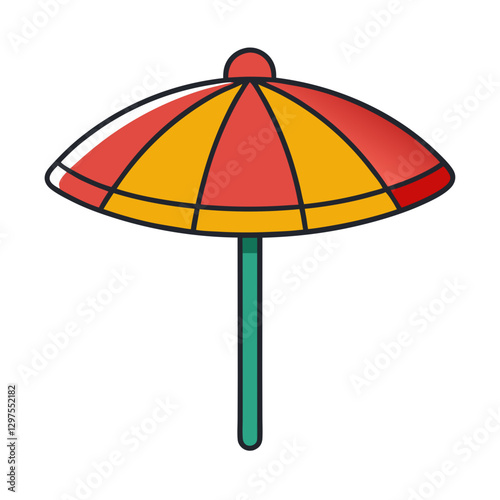 Beach Umbrella with Red and Yellow Colors, A colorful illustration of a beach umbrella with red and yellow stripes, symbolizing sunny beach vacations and outdoor relaxation.
