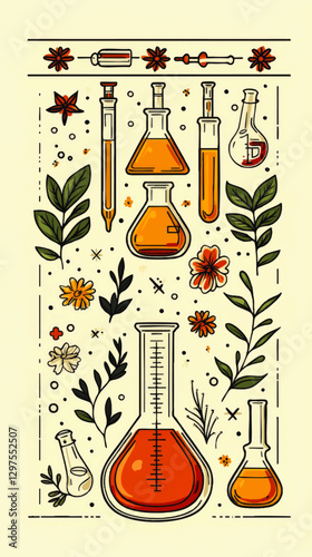 Illustration of Chemistry Lab Equipment with Flowers and Leaves - Vector Art Featuring Beakers Flasks Pipettes Floral Design for Science and Nature Themes