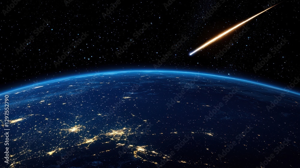 Fototapeta premium A stunning view of Earth from space, highlighted by a bright meteor streaking across the night sky, showcasing the beauty of our planet and the universe.