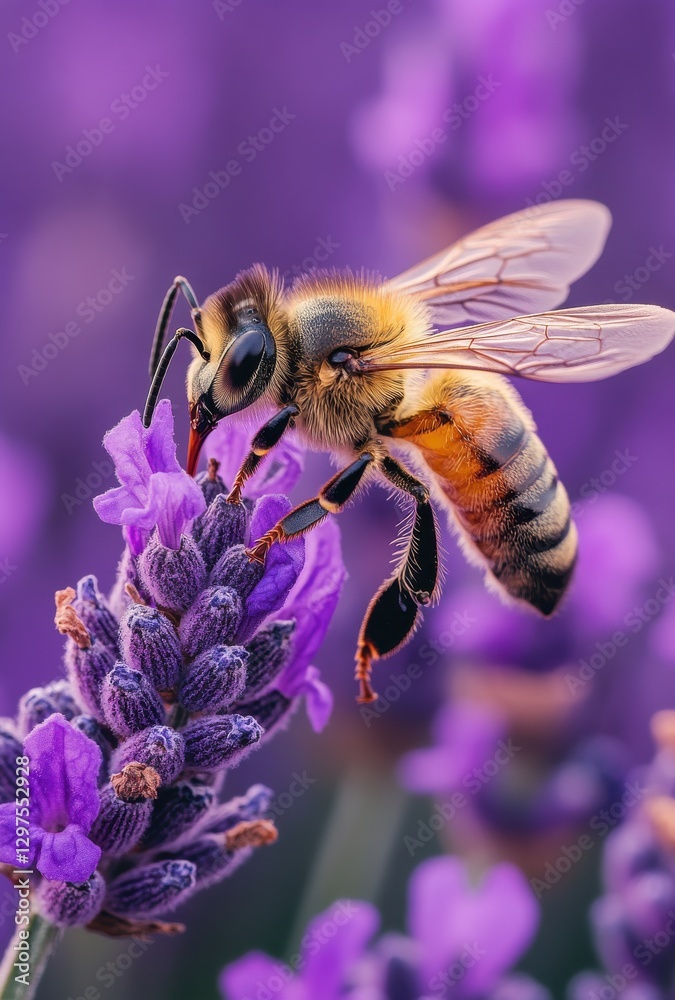 Close-up of a Honeybee Pollinating Vibrant Purple Lavender Flower in a Garden, Capturing Nature's Beauty and Importance of Bees in Ecosystem Close-up of a Honeybee Pollinating Vibrant Purple Lavender Flower in a Garden, Capturing Nature's Beauty and Importance of Bees in Ecosystem