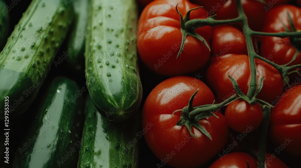 Fresh Cucumbers and Juicy Tomatoes Displayed Together in a Colorful Market Setting Ideal for Healthy Lifestyle Imagery