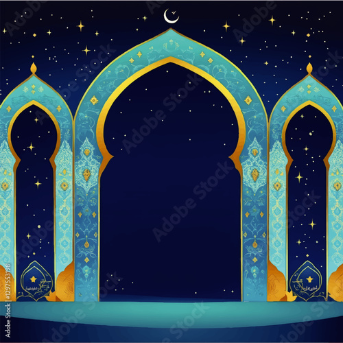 Stunning Islamic Blue Archway with Starry Night Sky, Crescent Moon, and Golden Accents - Perfect for Ramadan and Eid Mubarak Festival Design Inspiration