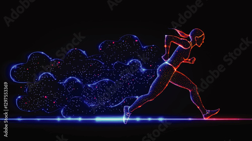 Futuristic Glowing Vector Art of Modern Runner Woman with Dynamic Cloud and Light Trails | Futuristic Sports Design | Digital Art Illustration